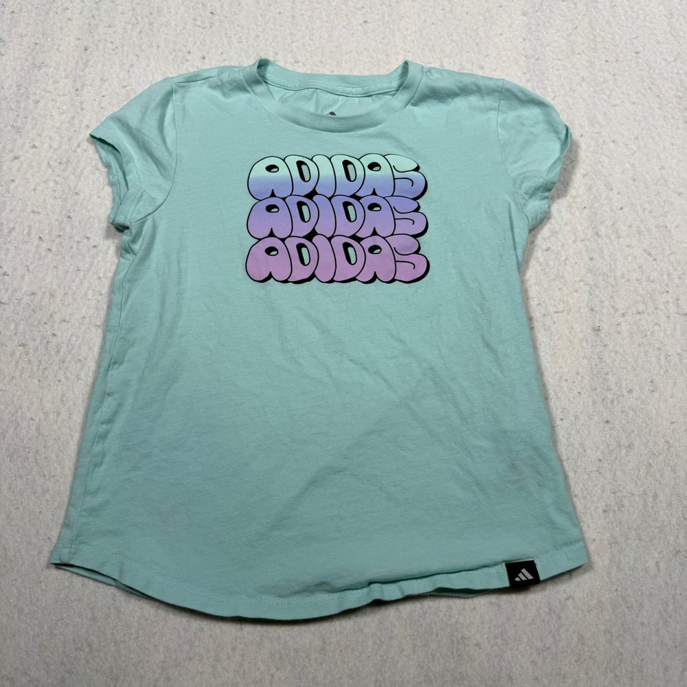 Adidas Girls Mint Green Stacked Bubble Logo Graphic T-Shirt Slim Fit Size S 7/8